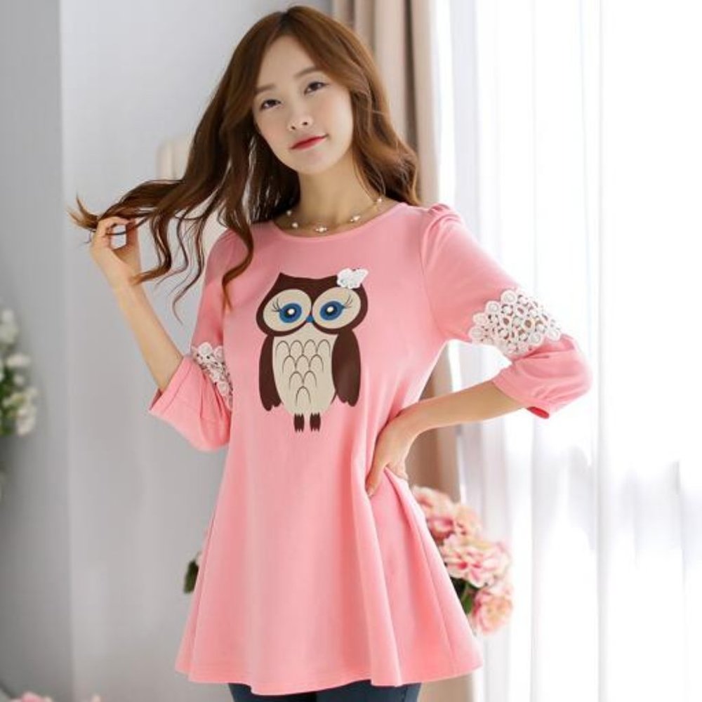 A Line Hollow Out Lace Sleeve Owl Maternity Tunic